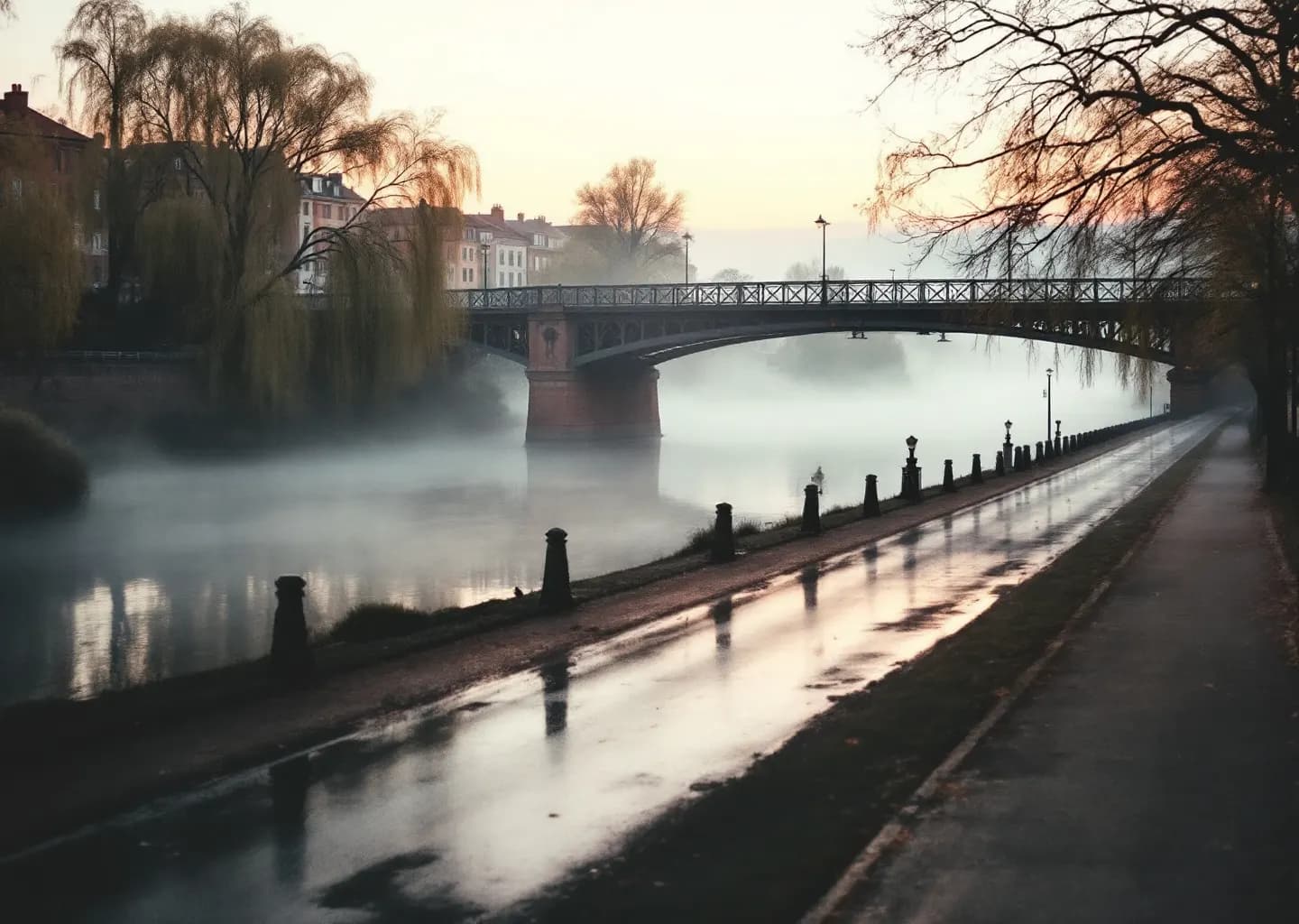 Pont routier sur la Garonne à l'aube, brume sur l'eau et route de rive déserte