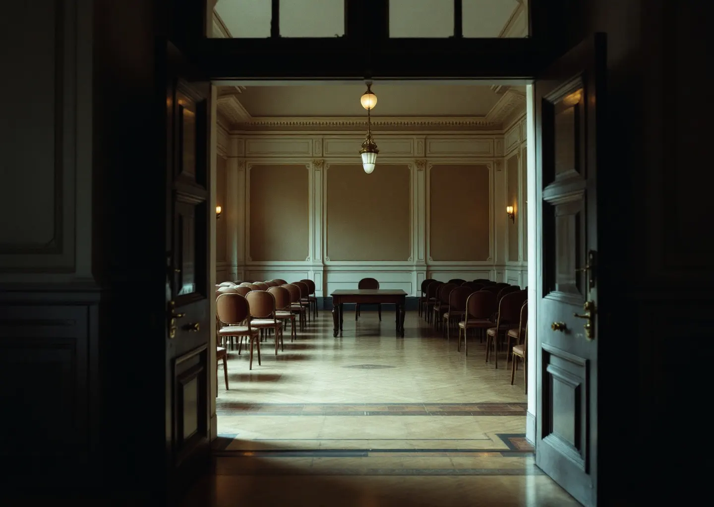 Salle des mariages d'une mairie, rangées de chaises vides et table nue