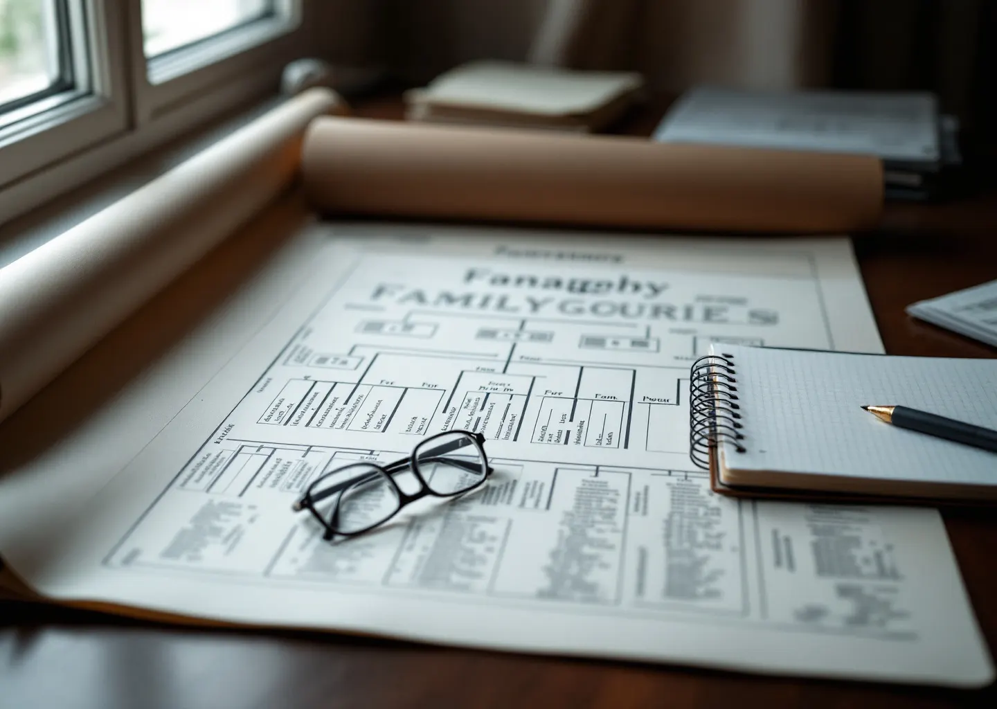 Table de recherche généalogique : arbre déroulé, registres anciens et lunettes posées sur la page