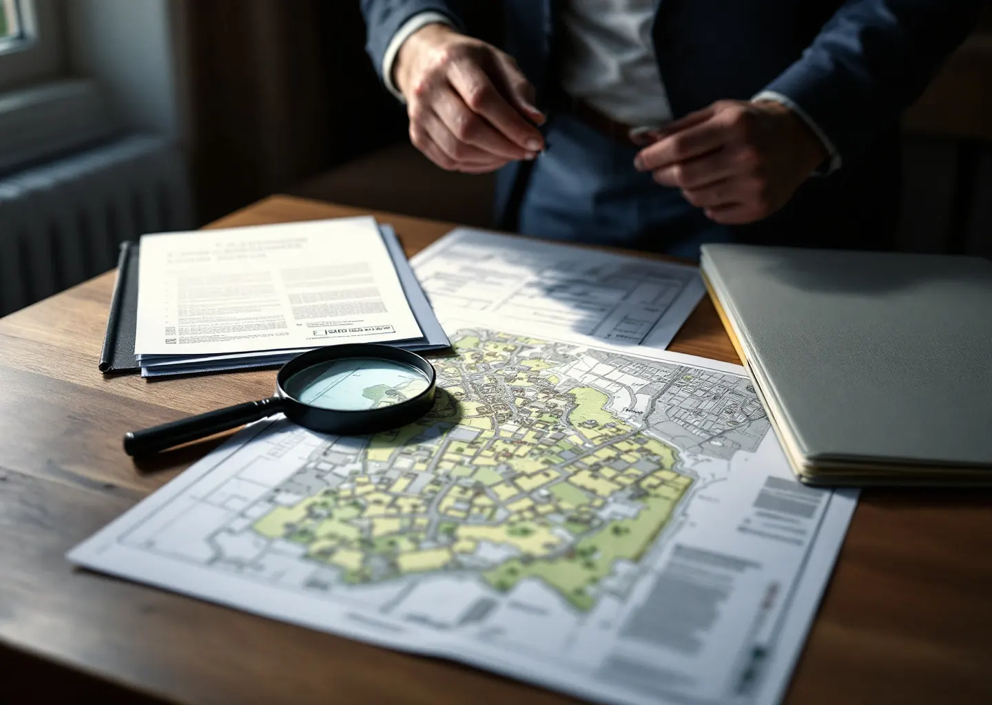 Plans cadastraux et dossiers de propriété ouverts sur une table de consultation