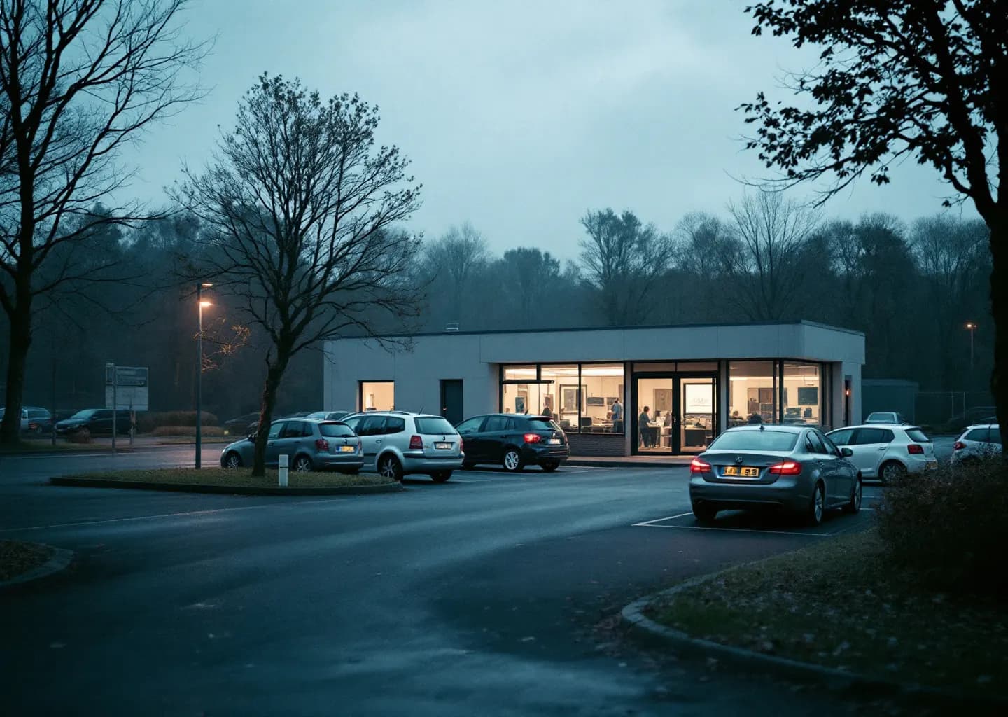 Parking de personnel devant un petit immeuble de bureaux en fin de journée