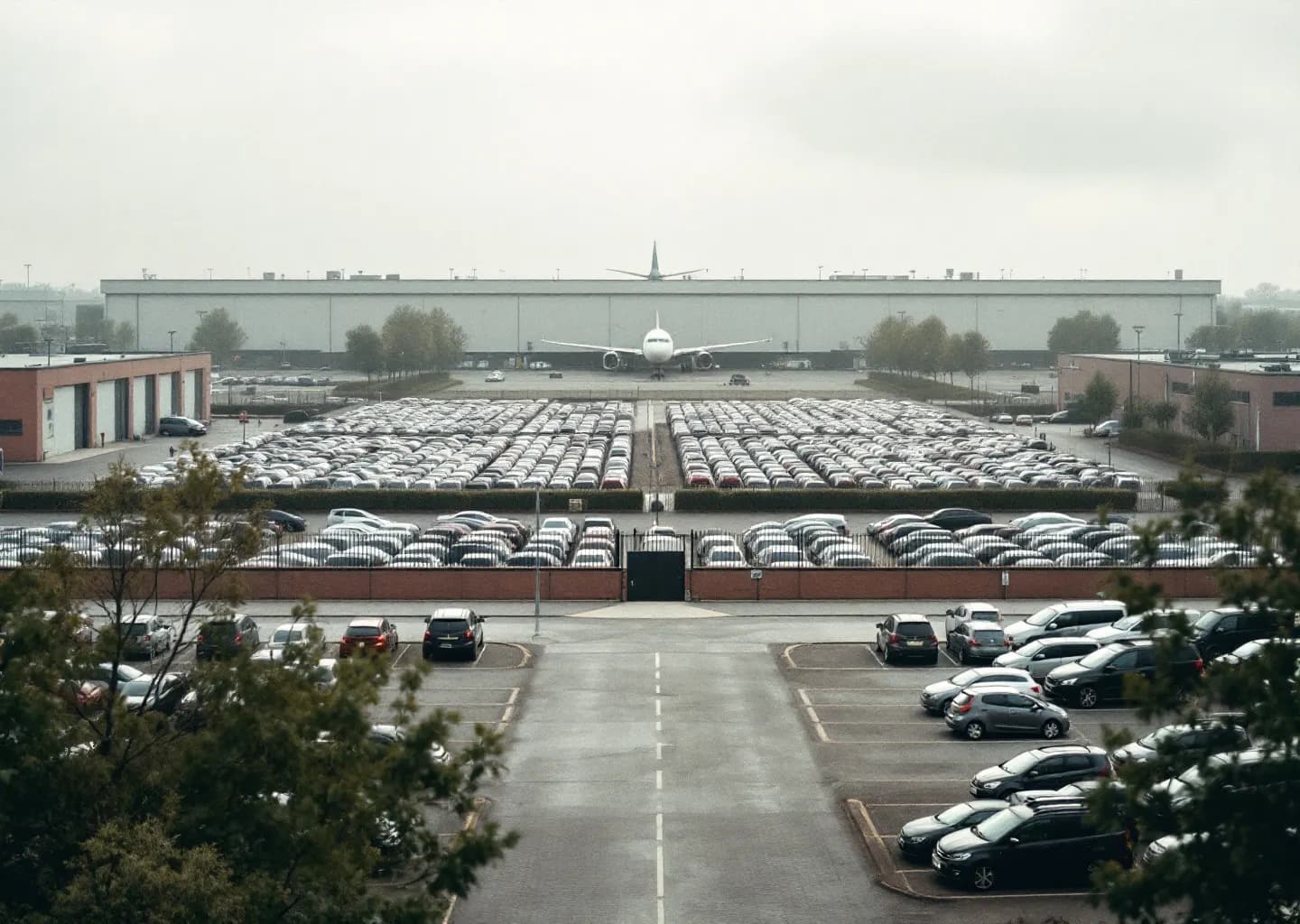 Immense parking de salariés devant des hangars d'assemblage aéronautique, clôture de site en arrière-plan