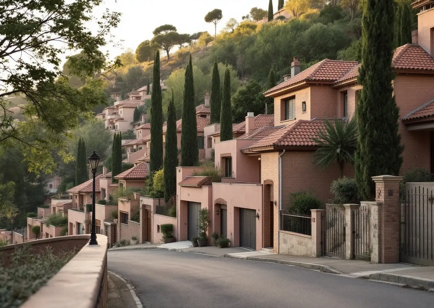 Rue de coteau bordée de villas des années 1970, jardins en terrasses et cyprès