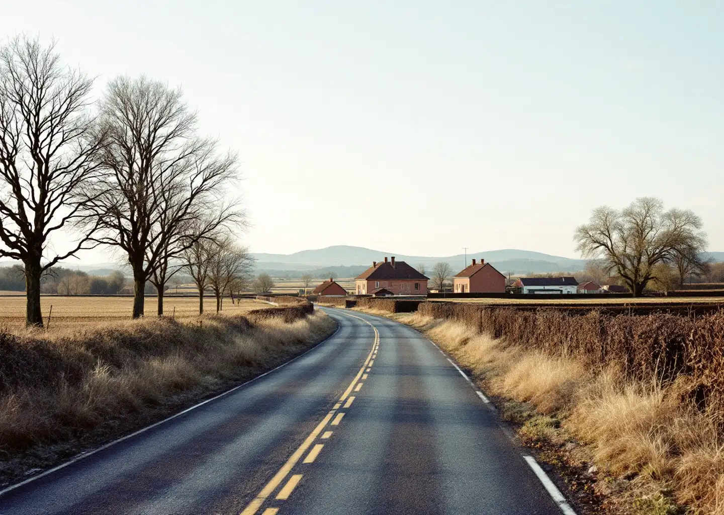 Route de campagne en périphérie, maisons isolées derrière les champs et les haies, horizon dégagé