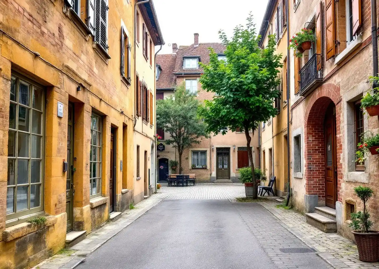 Ruelle d'un centre ancien du Sud-Ouest, façades de brique et de crépi ocre, petite place arborée au bout