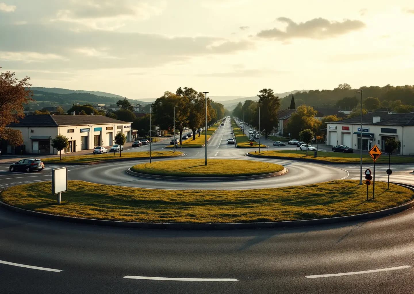 Rond-point d'entrée de ville en fin de journée, entrepôts commerciaux et avenue bordée d'arbres