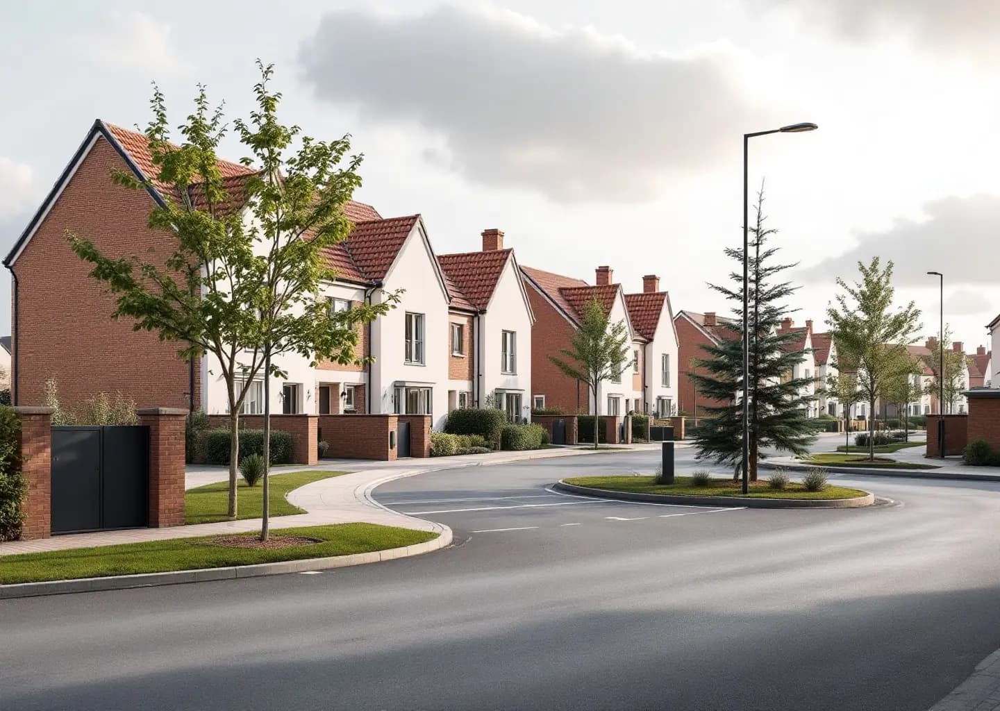 Lotissement récent : maisons enduites identiques le long d'une impasse en raquette, jeunes arbres