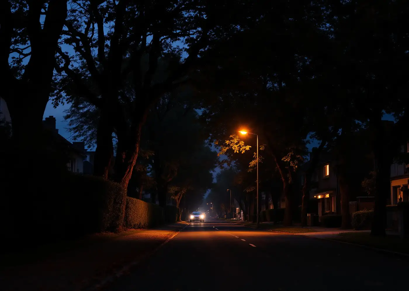 Rue résidentielle arborée au crépuscule, fenêtres éclairées des maisons en retrait
